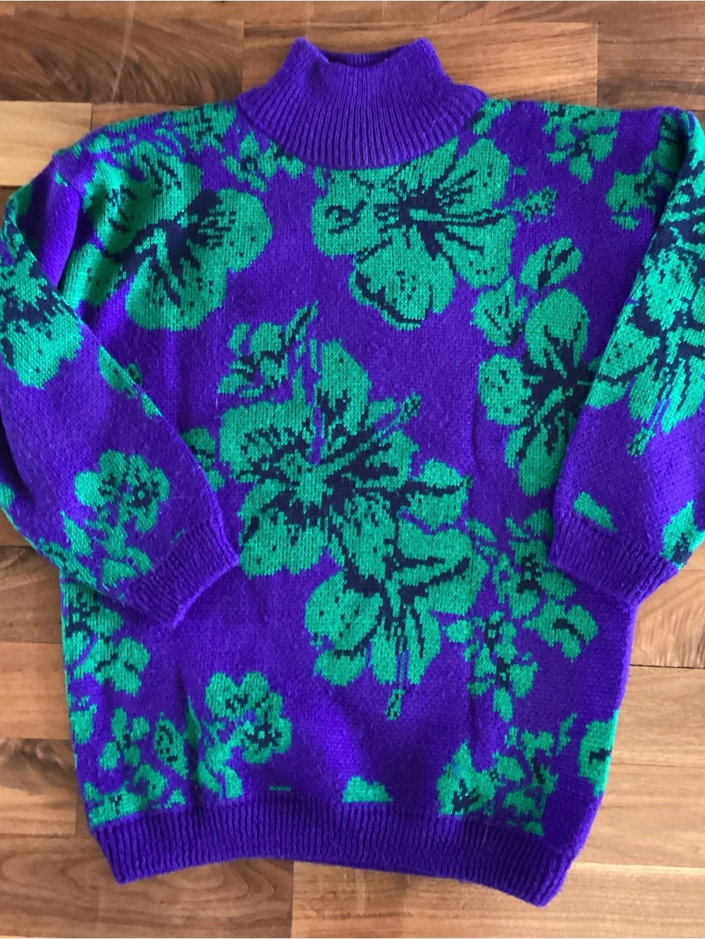 1980’s Esprit Purple Turtleneck Sweater with Green Floral Jacquard - Picture 4 of 8